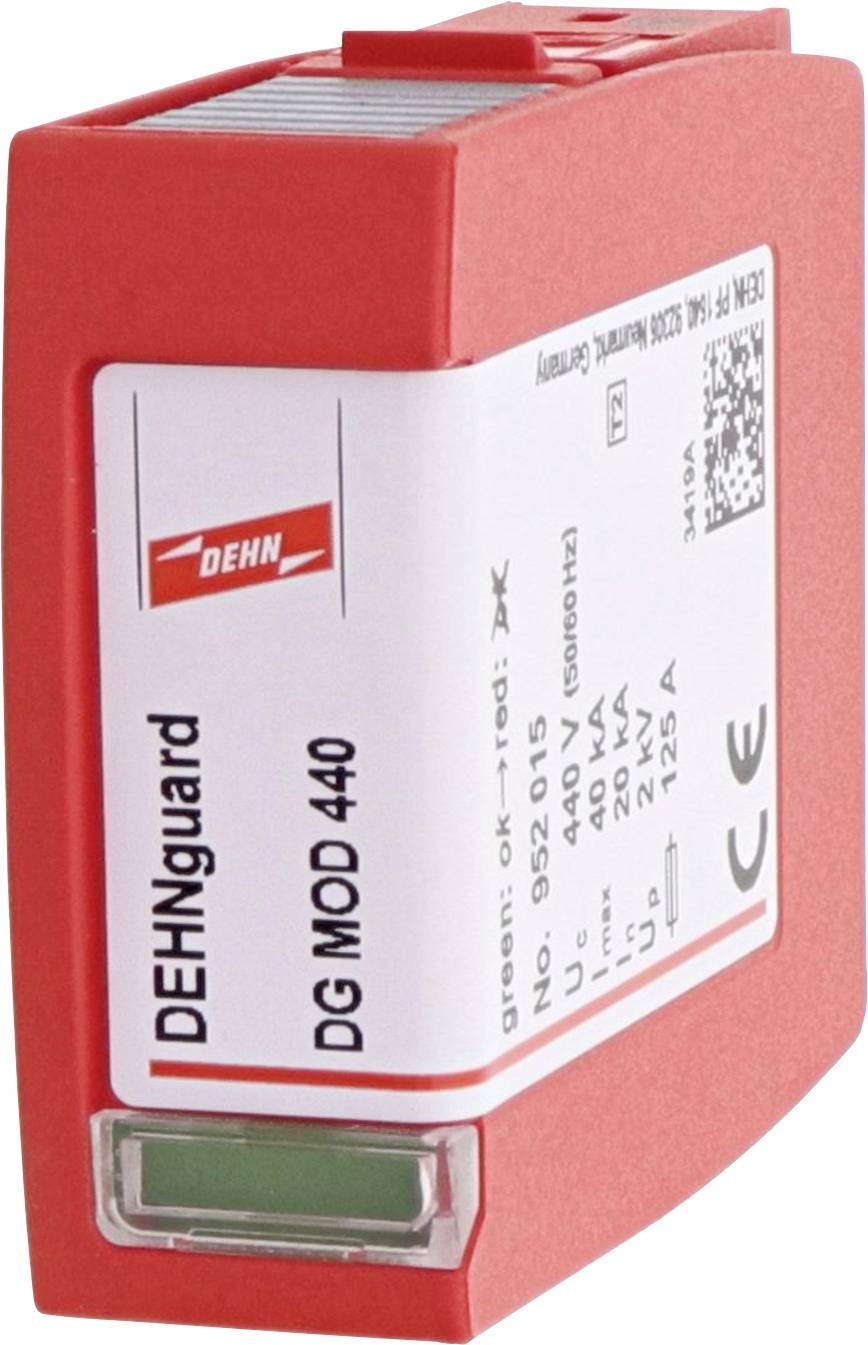 Červený modul ochrany před přepětím DEHNguard DG MOD 440 s technickými specifikacemi na štítku.