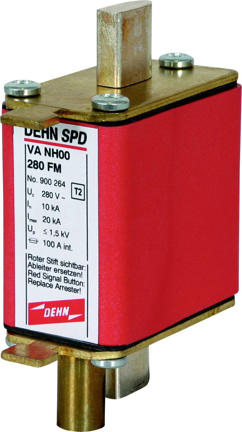 Červené zařízení přepěťové ochrany značky DEHN s nápisem 'DEHN SPD VA NH00 280 FM' pro elektrické instalace.