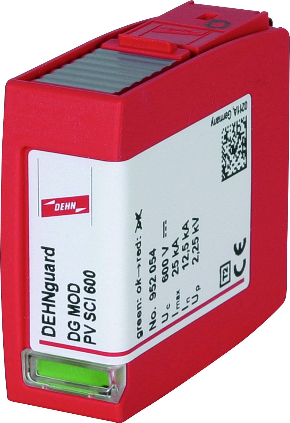 Červené zařízení přepěťové ochrany DEHNguard, model DG MOD PYS CI 600, s technickým štítkem a QR kódem.