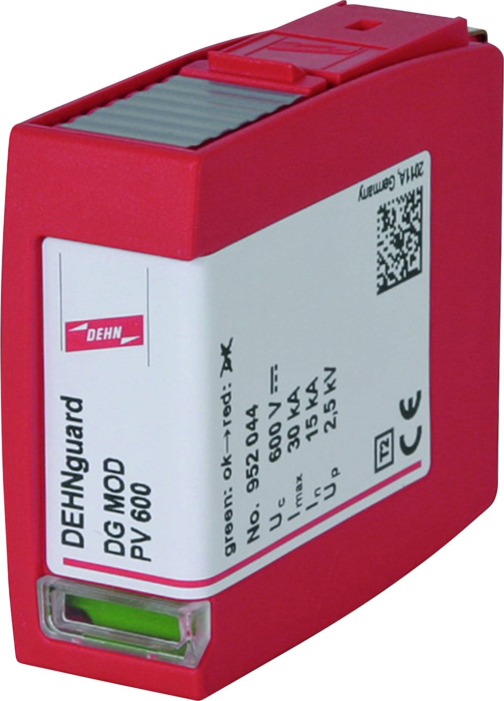 Červený blok ochrany proti přepětí 'DEHNguard DG MOD PV 600' s technickými specifikacemi na štítku.