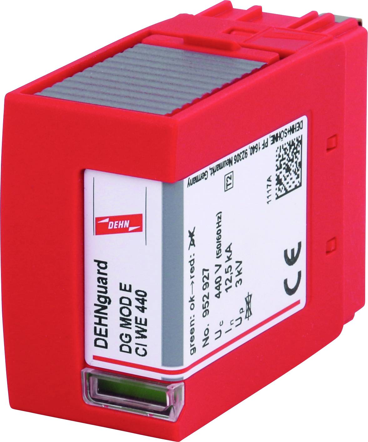 Červené zařízení pro ochranu před přepětím od společnosti DEHN s názvem 'DEHNguard DG M ODE CIWE 440', určené pro elektroinstalace.