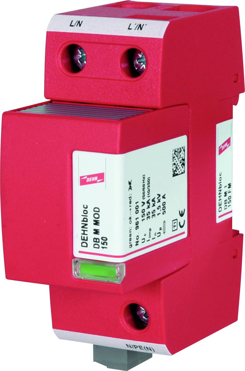 Červené zařízení na ochranu před přepětím značky DEHN s označením produktu 'DEHnbloc DB M MOD 150', vhodné pro ochranu elektrických zařízení.