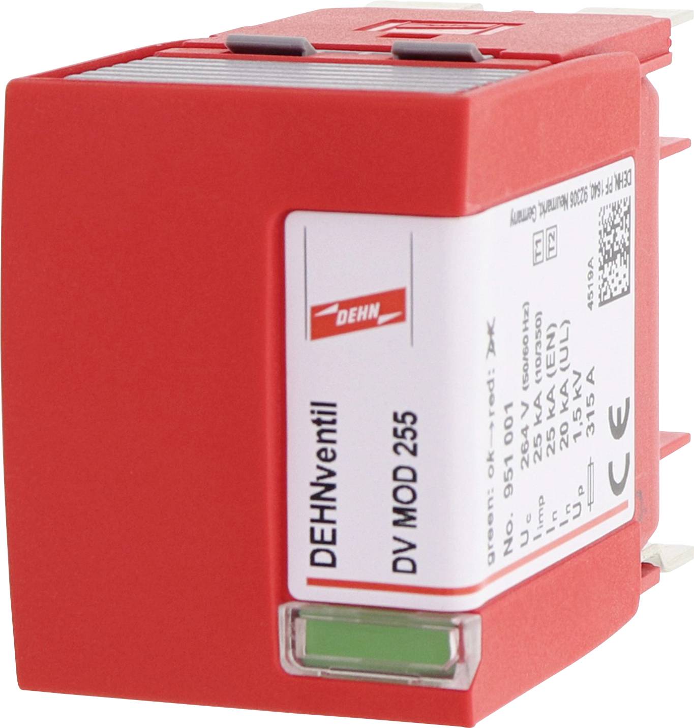 Červený DEHNventil model DV MOD 255. Jedná se o zařízení pro ochranu před přepětím s parametry uvedenými na štítku.