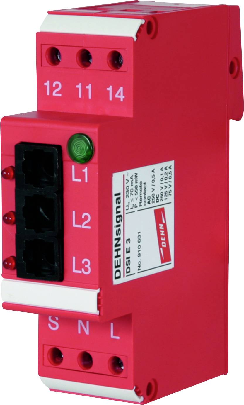 Červené přepěťové zařízení pro DSL s přípojkami L1, L2, L3 a zelenou LED diodou. Vlevo černé konektory.
