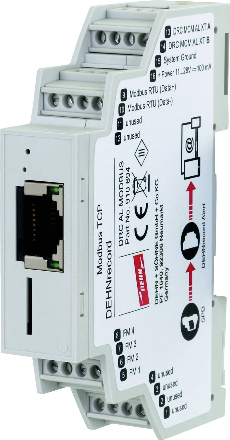 Zásuvný modul pro DIN lištu s ethernetovým portem a několika připojovacími svorkami, používaný pro komunikaci Modbus TCP/RTU.