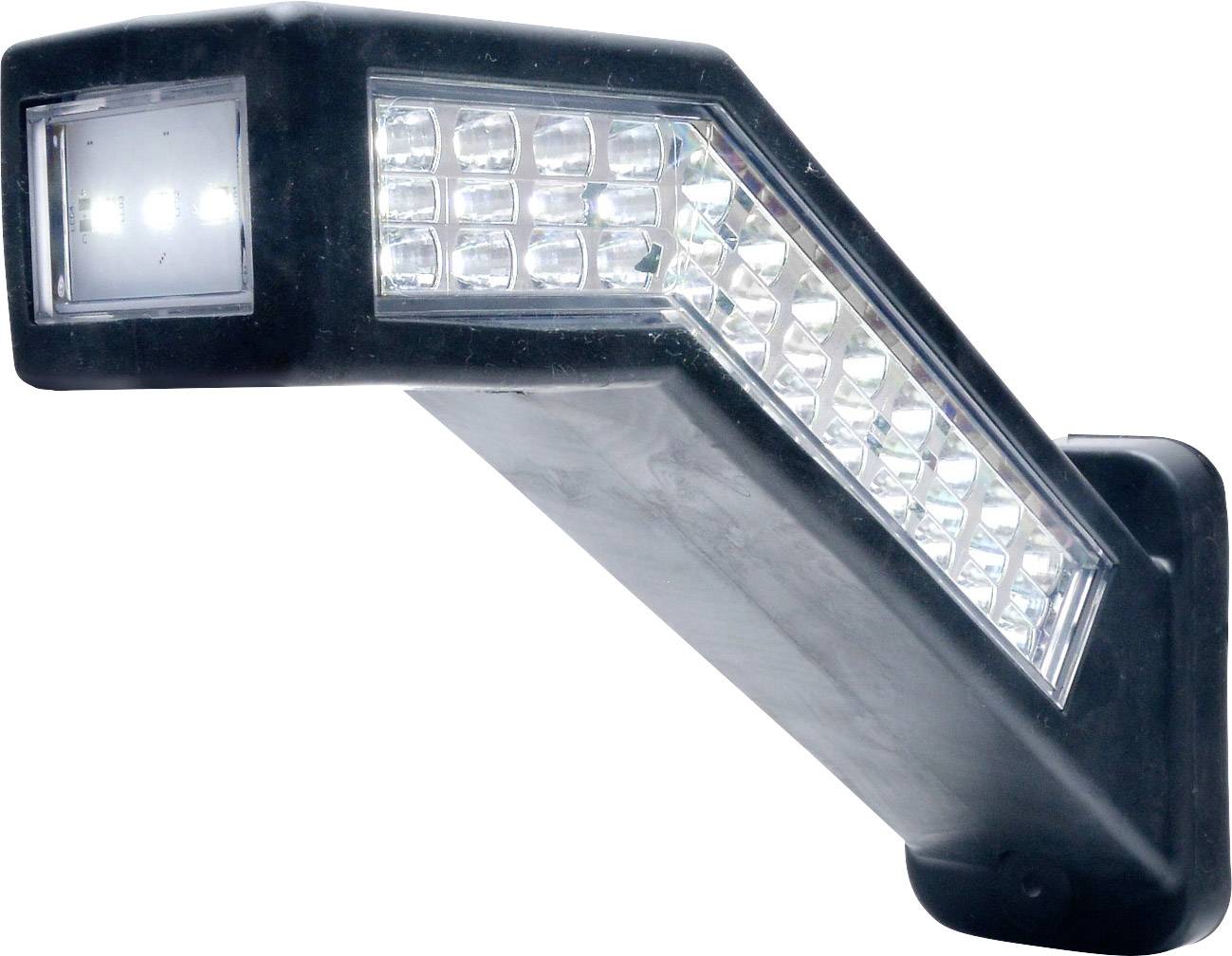 Černá LED lampa, L-tvarový design, jasné bílé světlo.