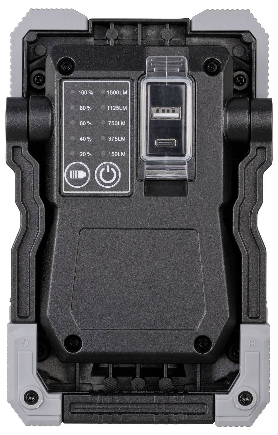 Robustná přenosná LED pracovní svítilna nebo bateriový blok zobrazený v přední pohledu s panelem nabíjení/stavu, tlačítkem napájení, portem USB a indikátory úrovně baterie.