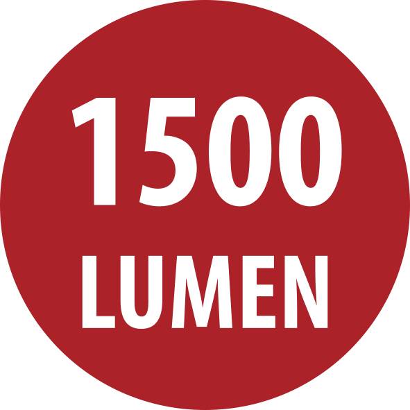 Červený kulatý odznak s bílým textem „1500 LUMEN" označující výstupní výkon světla.