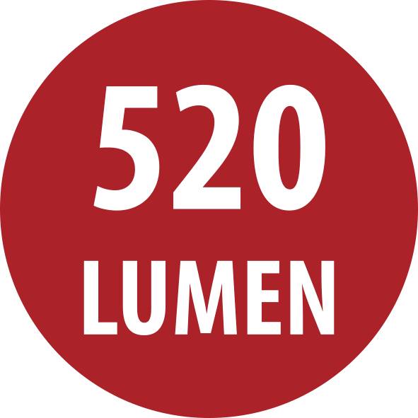 Červený kruhový odznak s bílým textem "520" nad "LUMEN".
