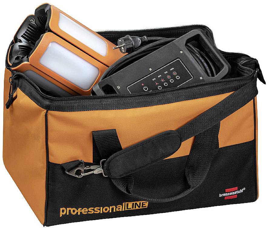 Oranžová a černá brašna na nářadí s nápisem 'professional LINE'. Obsahuje lampu s ovládacím panelem a kabelem.