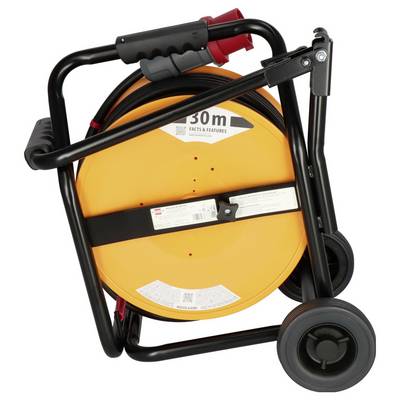 Vinutí kabelu Orange 30 m na černém pojízdném kovovém rámu s rukojetí a červenou zásuvkou, zobrazeno složené pro přepravu.