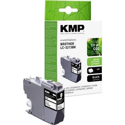'KMP' balení zobrazující černou inkoustovou kazetu Brother LC-3213BK s označením "repasovaná kazeta". Ekologicky šetrné sdělení.