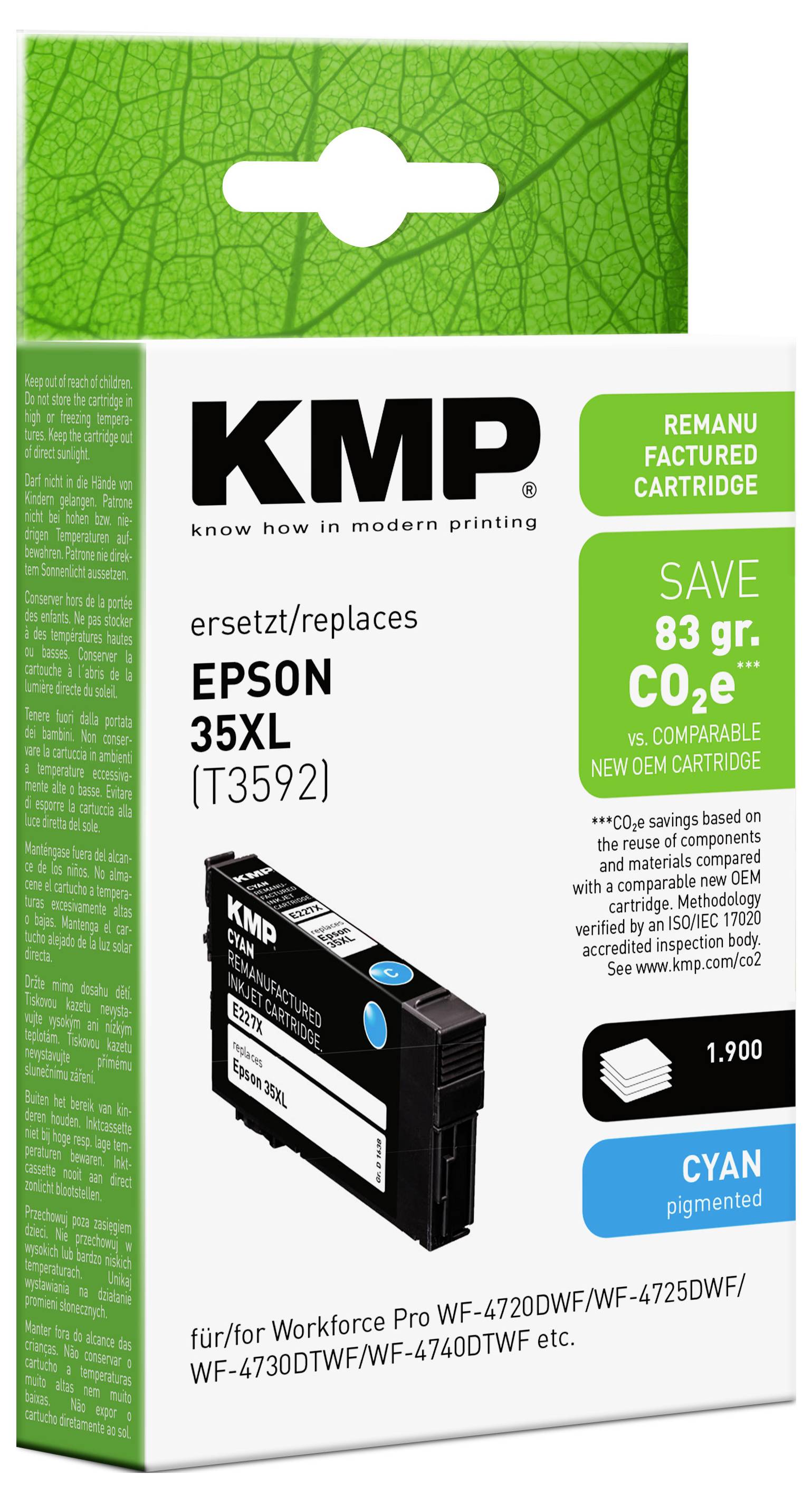 Sada náhradní azurové inkoustové kazety KMP pro Epson 35XL (T3592), označena „úspora 83 g CO2" a „1 900 stran" pro tiskárny WorkForce Pro.