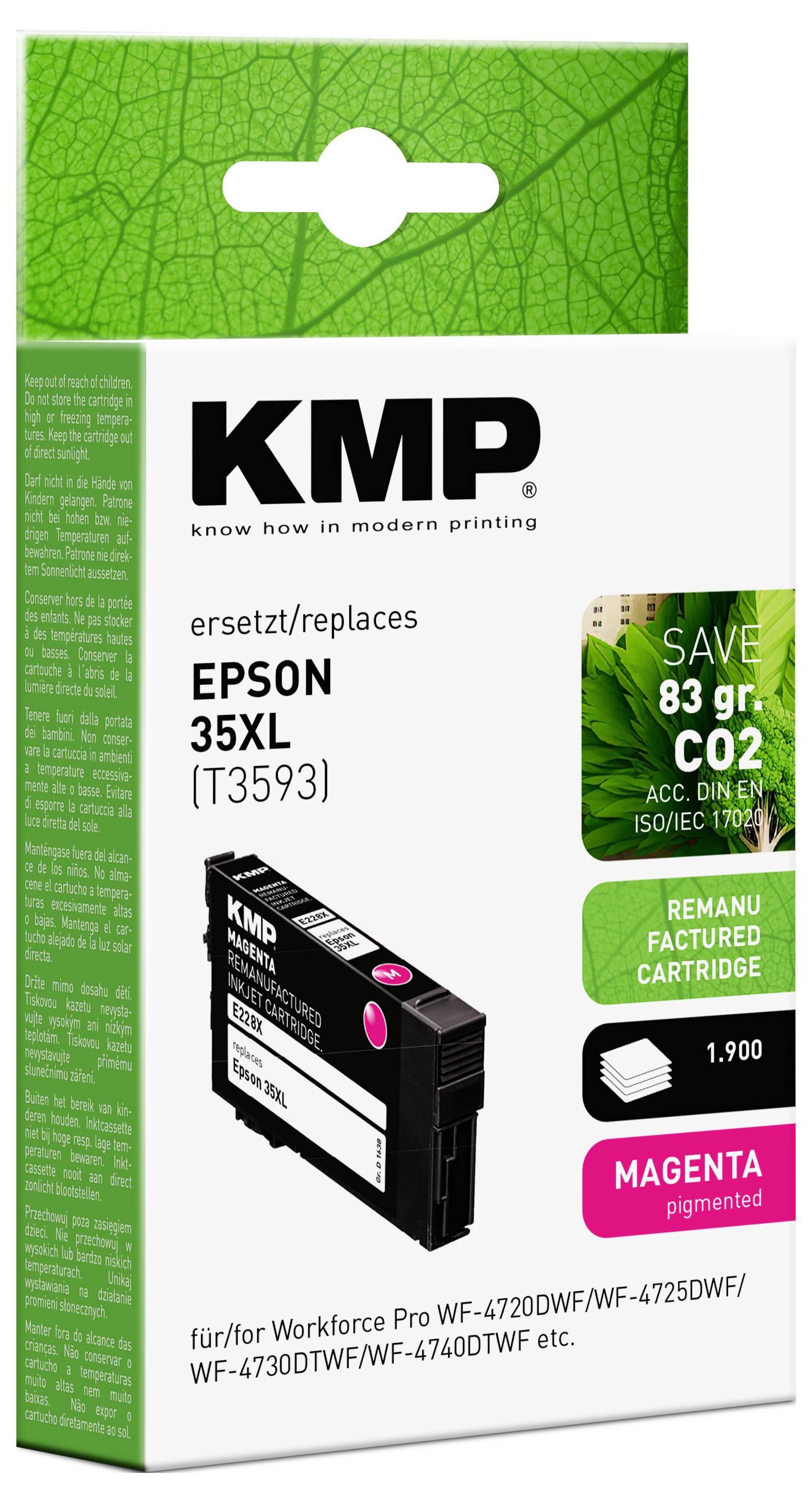 'Inkoustová kazeta EPSON 35XL (T3593) Magenta; zvýrazňující body zahrnují úsporu CO2 ve výši 83g a štítek o repasované kazetě.'