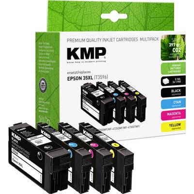 Inkoustová sada KMP pro tiskárny Epson 35XL, obsahující azurovou, purpurovou, žlutou a dva černé inkoustové válečky. Ekologicky šetrný obal.