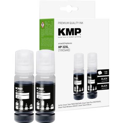 Dvě lahve černého inkoustu KMP pro tiskárny HP 32XL, zobrazené s obalem obsahujícím detaily o produktu a informace o kompatibilitě.