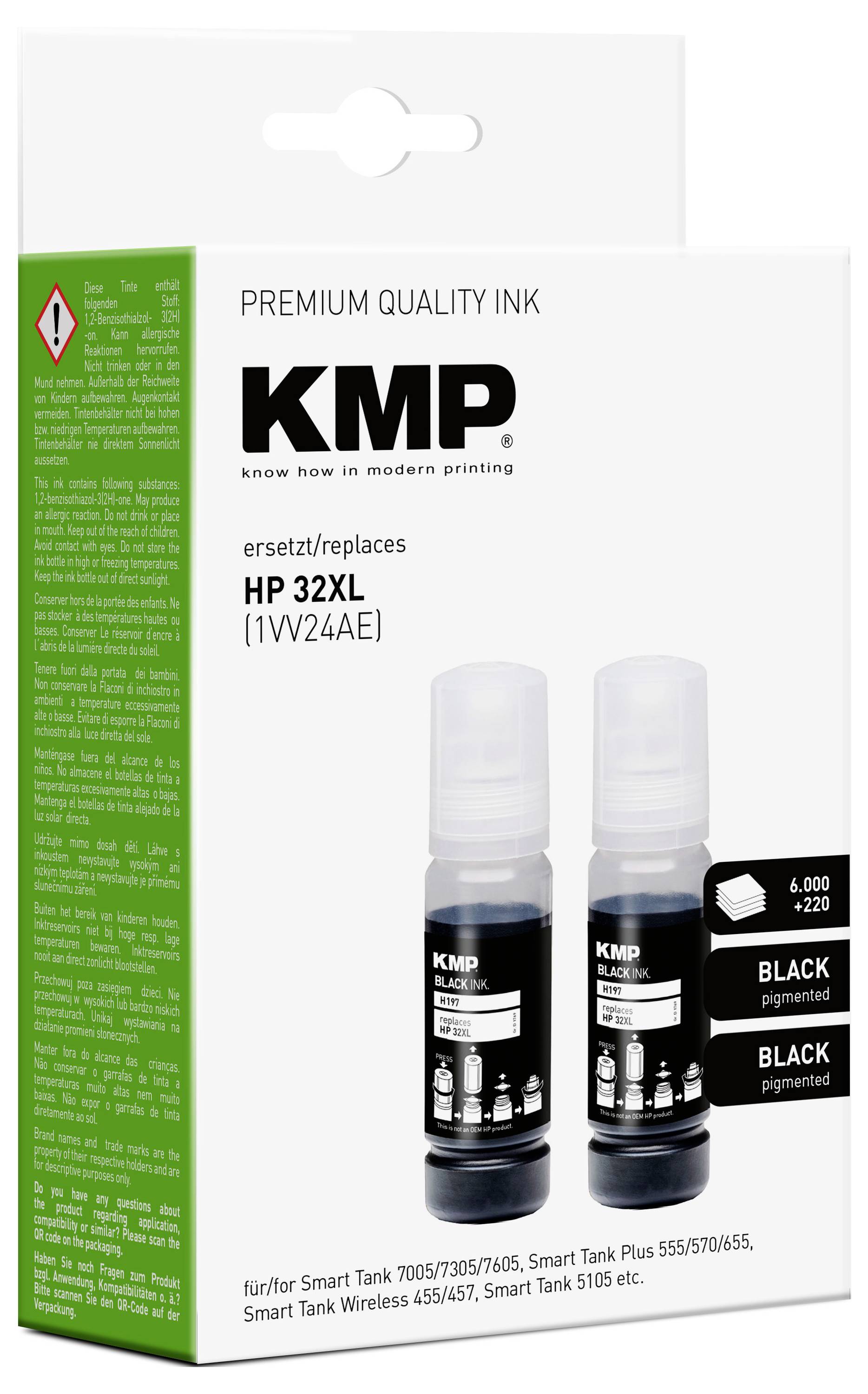 Balení inkoustových náplní KMP pro tiskárny HP 32XL, obsahuje dvě lahvičky černého pigmentového inkoustu, kompatibilní s řadou Smart Tank.