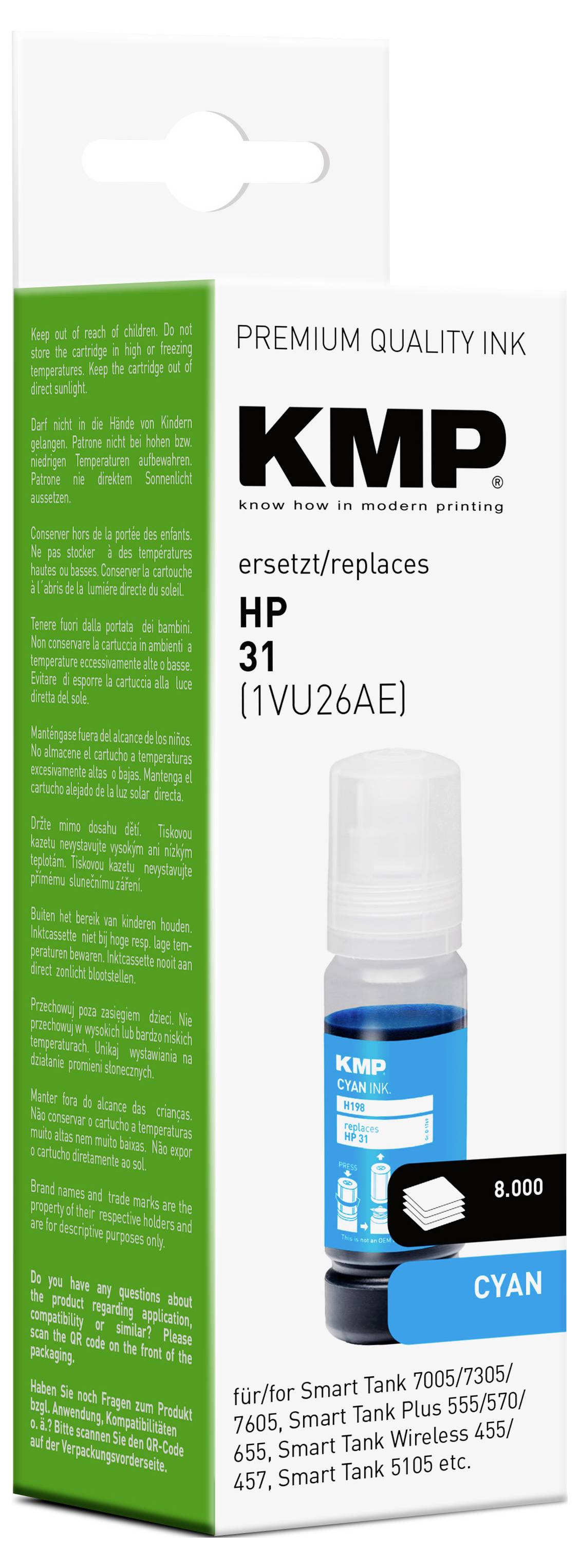 'KMP Premium Quality Ink náhradní inkoust pro HP 31, azurová barva, kompatibilní s modely HP Smart Tank. Kapacita inkoustu: 8 000 stran.'