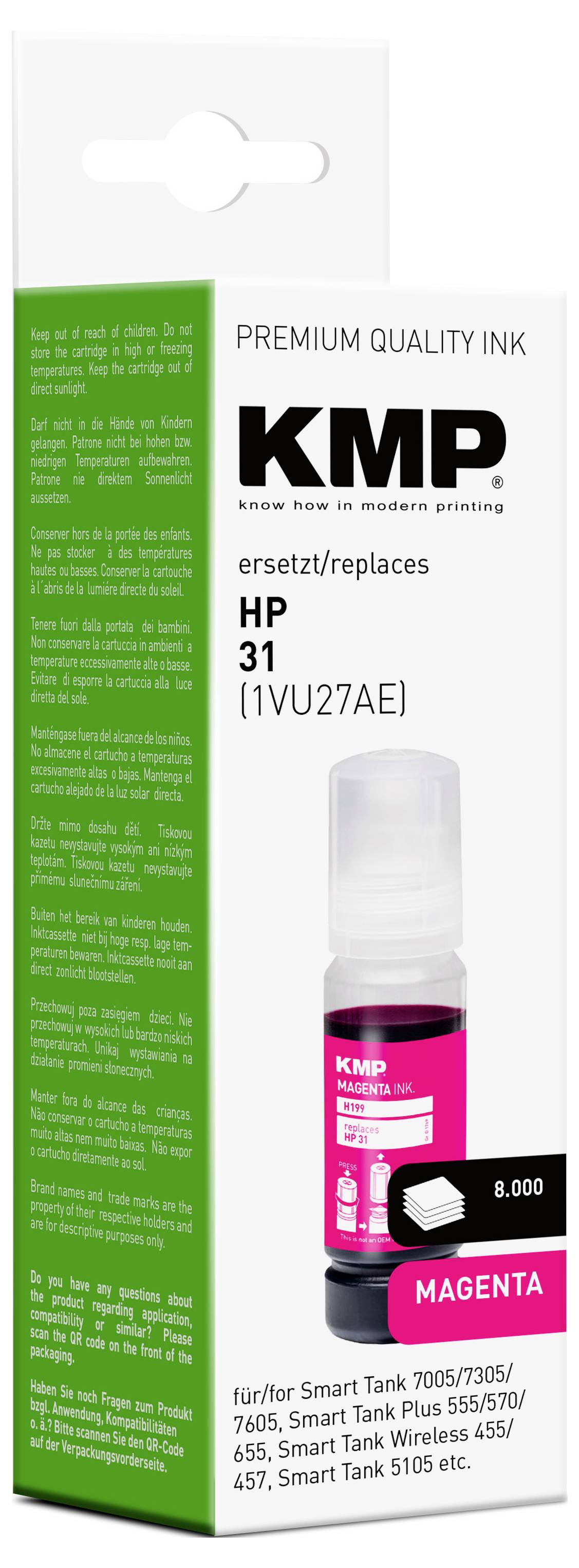 Inkoustová náplň prémiové kvality KMP, kompatibilní s HP 31. Obsahuje purpurový inkoust pro vybrané modely Smart Tank, s výtěžností 8 000 stran.