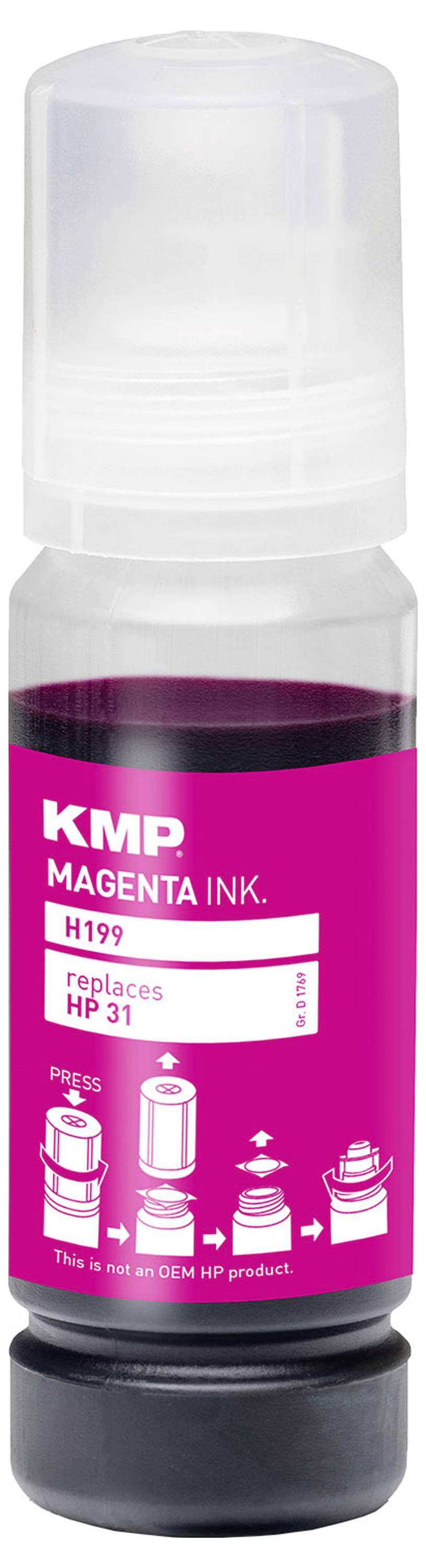 Lahvička inkoustu KMP magenta, označená štítkem „H179 Nahrazuje HP 31", s návodem znázorňujícím kroky doplnění inkoustu.
