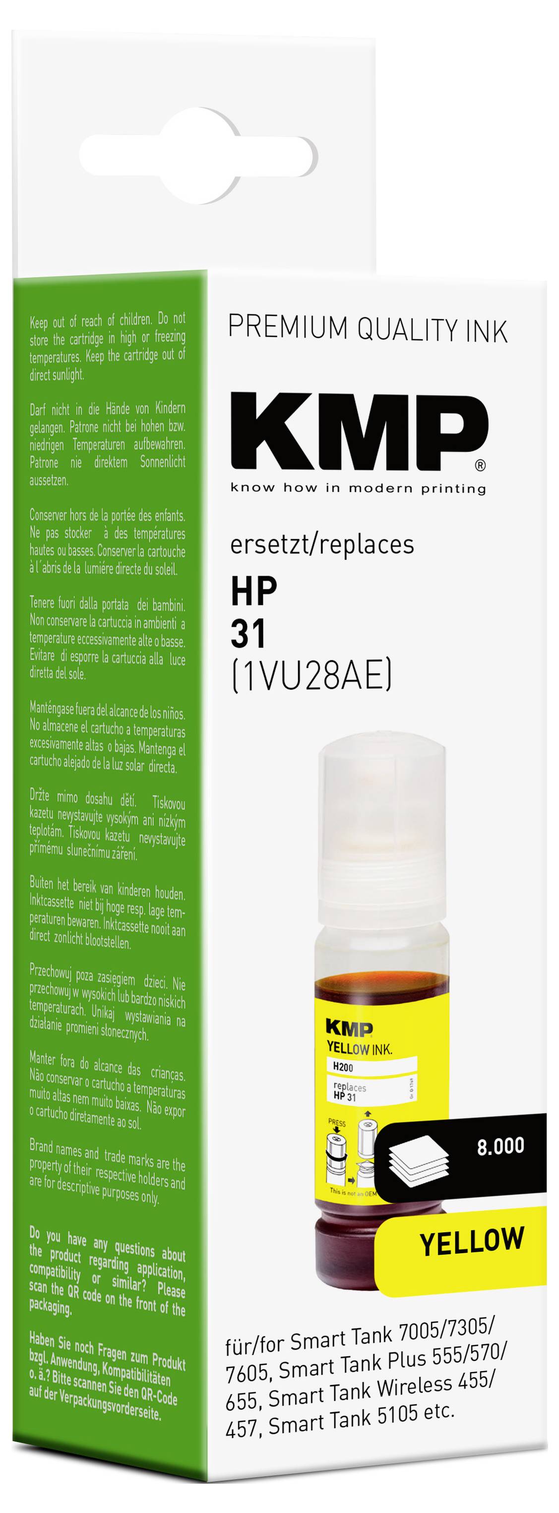 Prémiový inkoust v žluté barvě jako náhrada za HP 31, v krabičce zobrazující kompatibilitu s různými modely Smart Tank tiskáren.