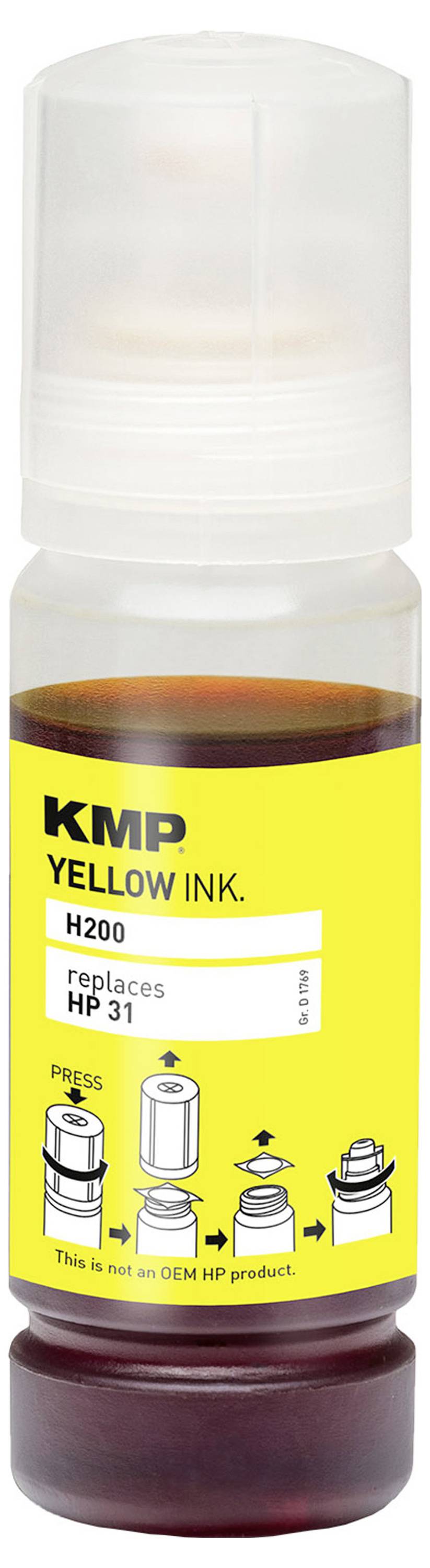 Žlutá lahvička inkoustu s nápisem 'KMP Yellow Ink, H200, nahrazuje HP 31'. Zobrazuje pokyny pro otevření a použití lahvičky.