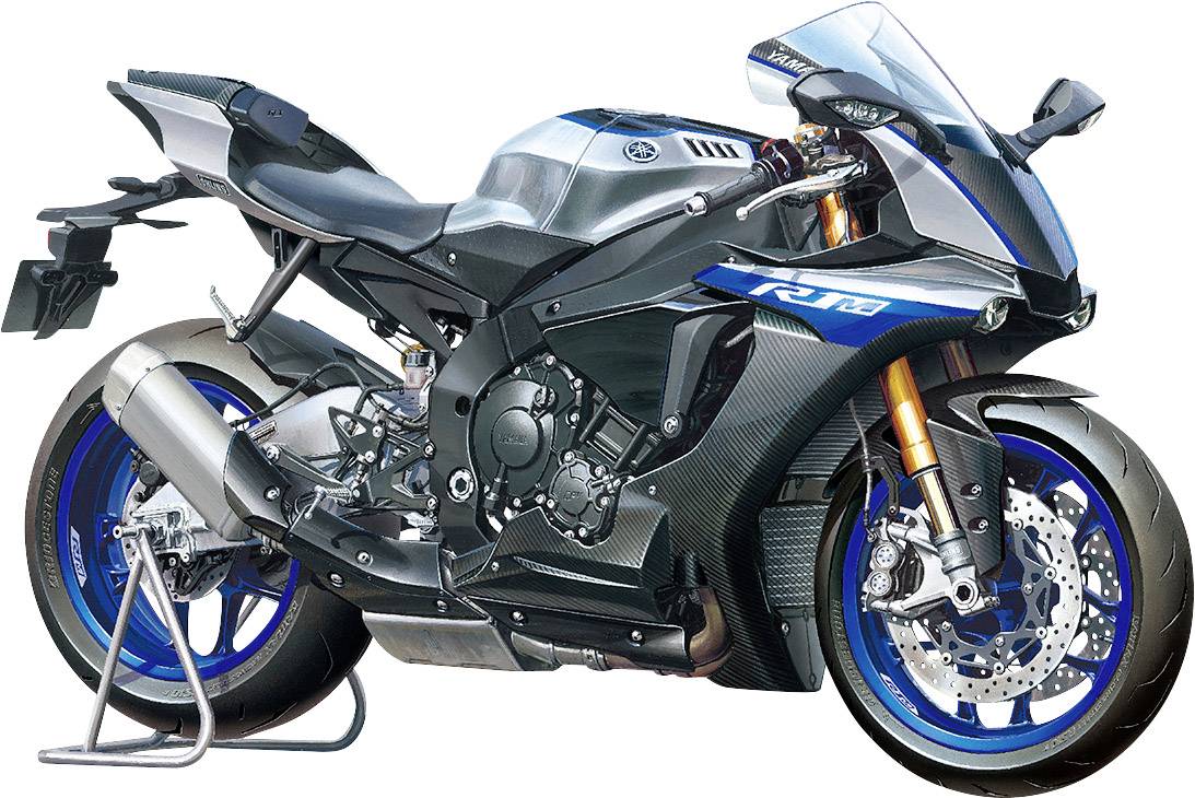 Modro-černá sportovní motorka stojí na stojanu. Má moderní design s výraznými modrými ráfky a aerodynamickými kryty.