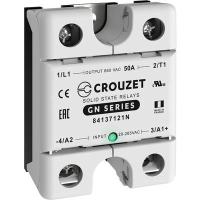 Crouzet polovodičové relé, série GN, model 84137121N, 50A, výstupní napětí 660V, vstup 20-265VAC. Certifikováno CE a EAC.