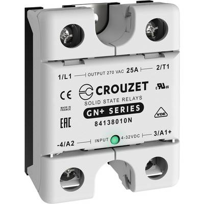 Polovodičové relé Crouzet, model GN+ Series, 25A, se zelenou LED indikací, certifikace CE a VDE, vstup 4-32VDC.