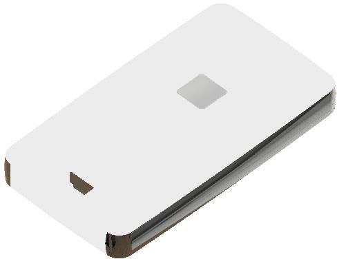 Bílý, obdélníkový, skládací mobilní telefon se zaoblenými rohy a centrálně umístěným displejem.