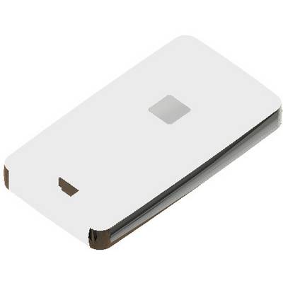 Bílý, obdélníkový, skládací mobilní telefon se zaoblenými rohy a centrálně umístěným displejem.