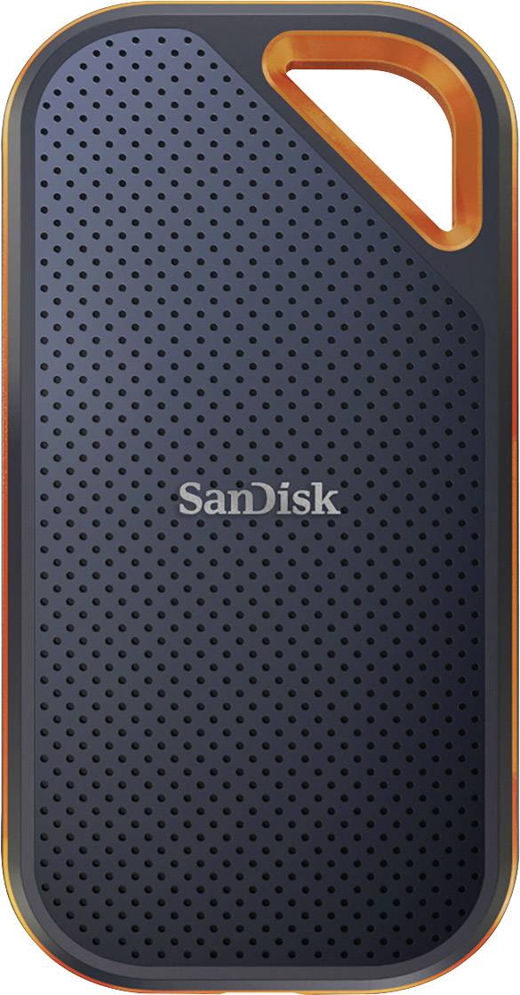 Externí SSD, SanDisk, přenosný, černý s oranžovým okrajem, perforovaný vzor na povrchu, kompaktní a lehký.