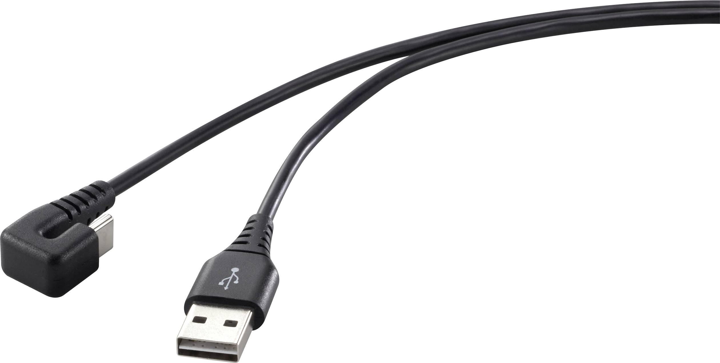 Černý USB kabel s pravoúhlou koncovkou na jedné straně a standardní USB koncovkou na straně druhé.