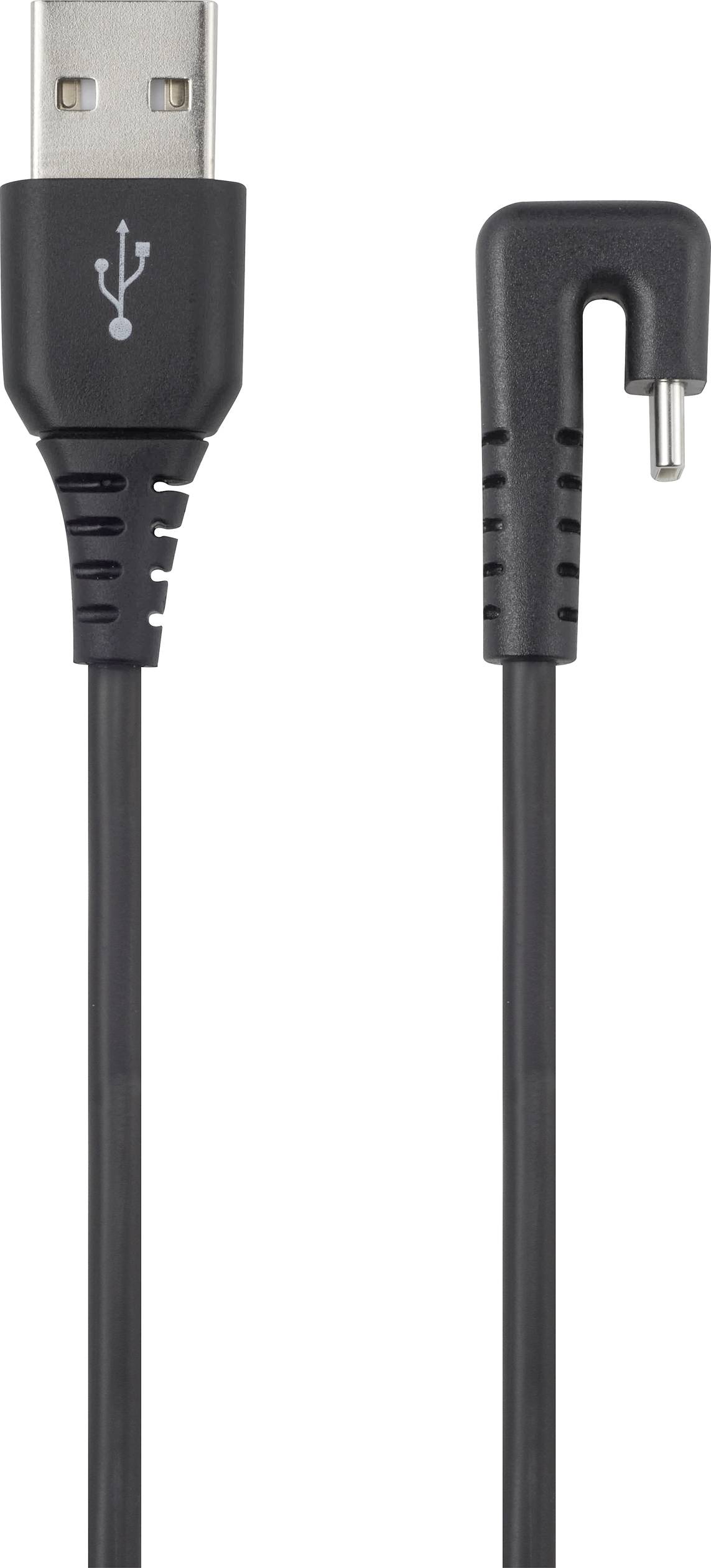 Černý kabel s USB konektorem a zahnutou DC koncovkou, vhodný pro napájení nebo přenos dat.
