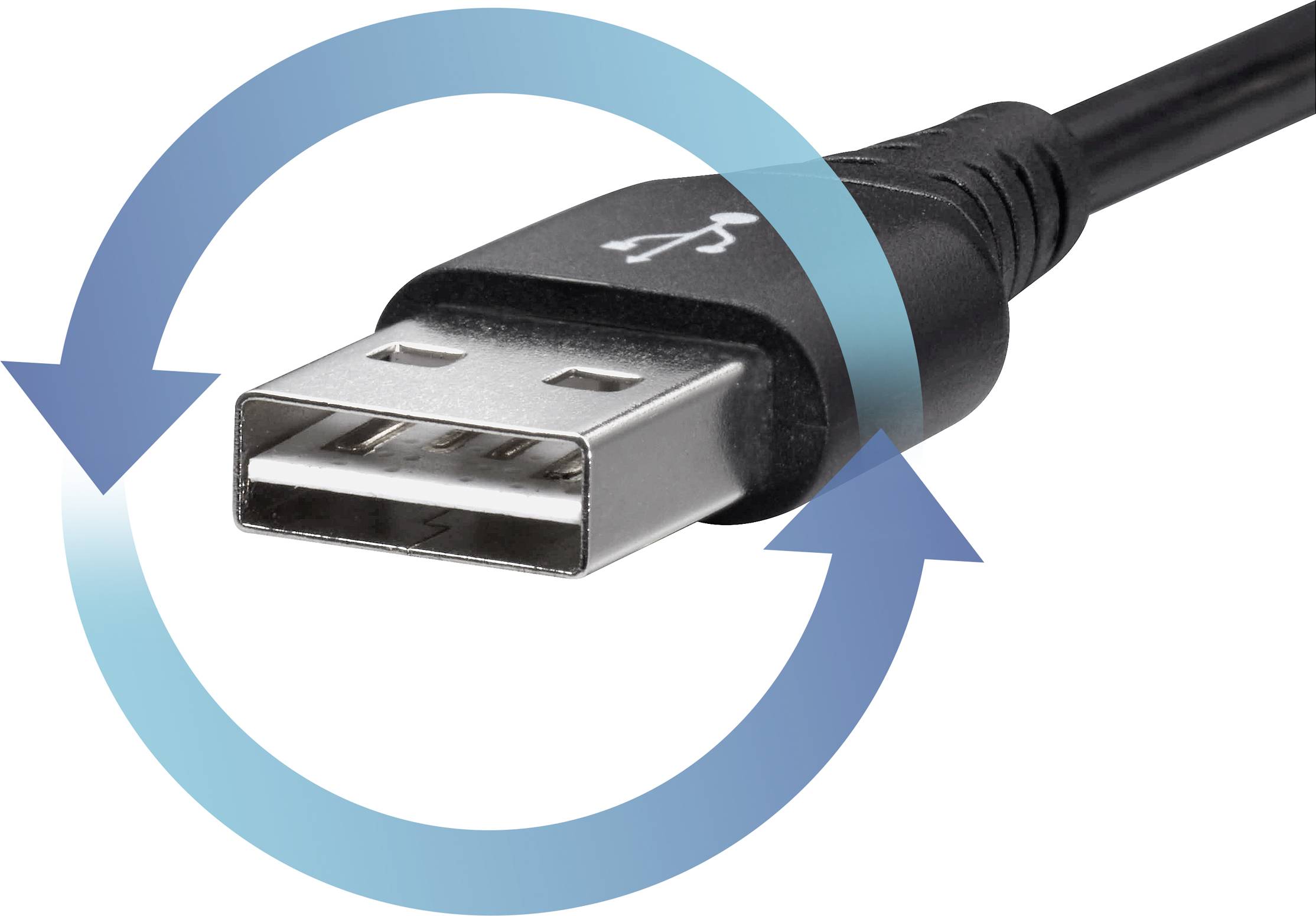 USB konektor s modrým kruhovým šipkovým symbolem, který poukazuje na opakované použití nebo univerzální kompatibilitu.