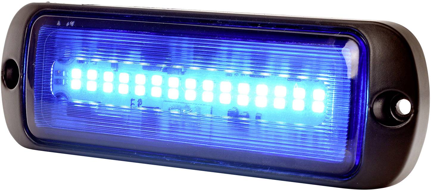 Modré LED výstražné světlo pro zásahová vozidla, obdélníkového tvaru, s možností upevnění pomocí dvou šroubů, vhodné pro varování a signalizaci.