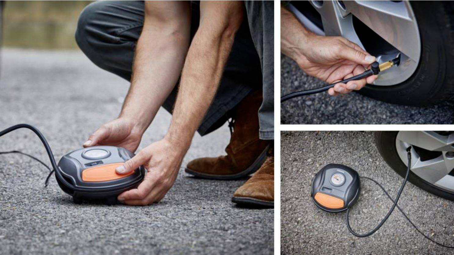Člověk kontroluje tlak v pneumatikách přenosnou pumpou. Obrázek nahoře ukazuje připojení pumpy k ventilu automobilové pneumatiky.
