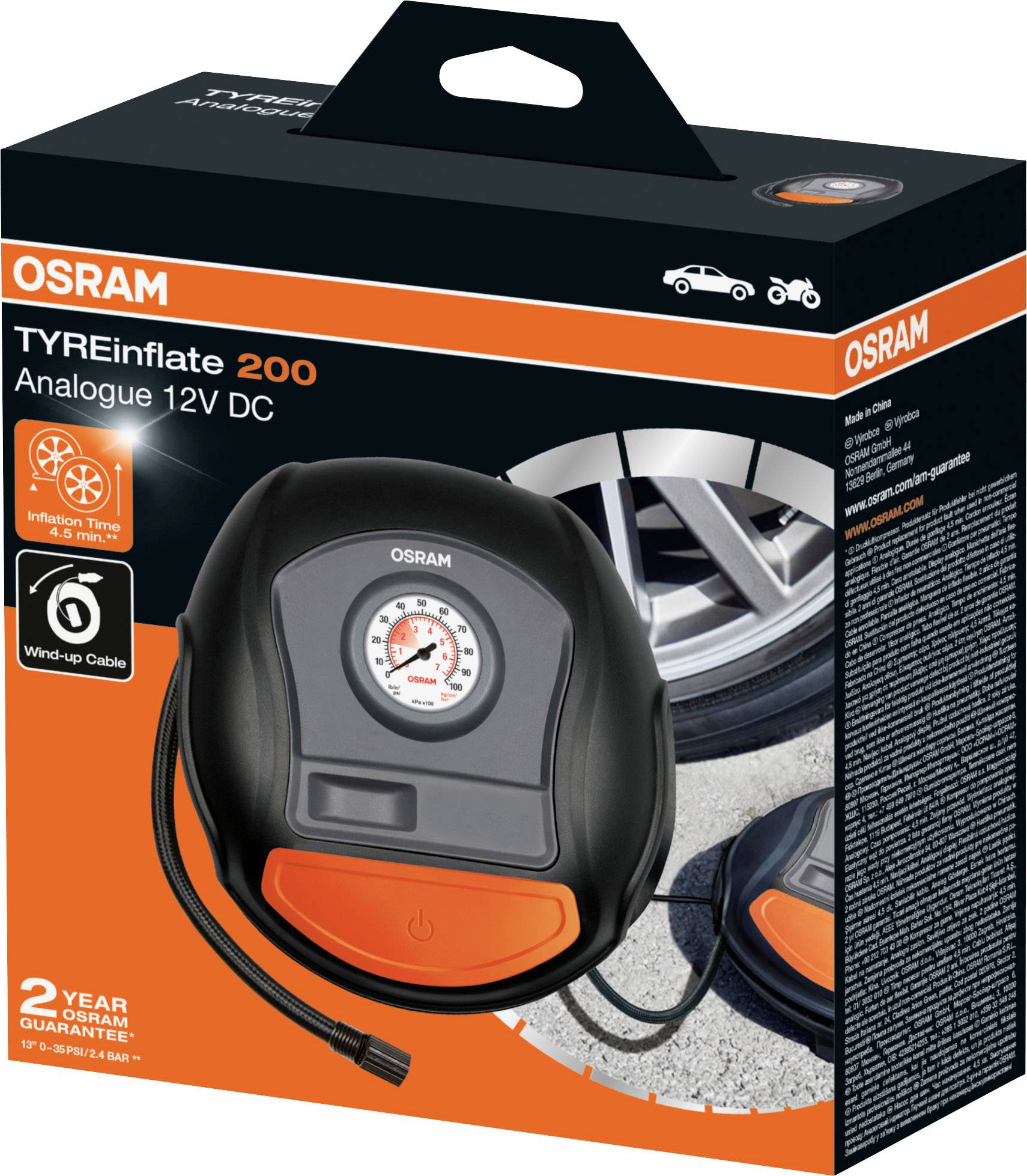 Balení pro OSRAM kompresor na huštění pneumatik 'TYREinflate 200' s analogovým 12V DC připojením. Obrázek ventilu pneumatiky. Doba nahuštění: 4,5 min.