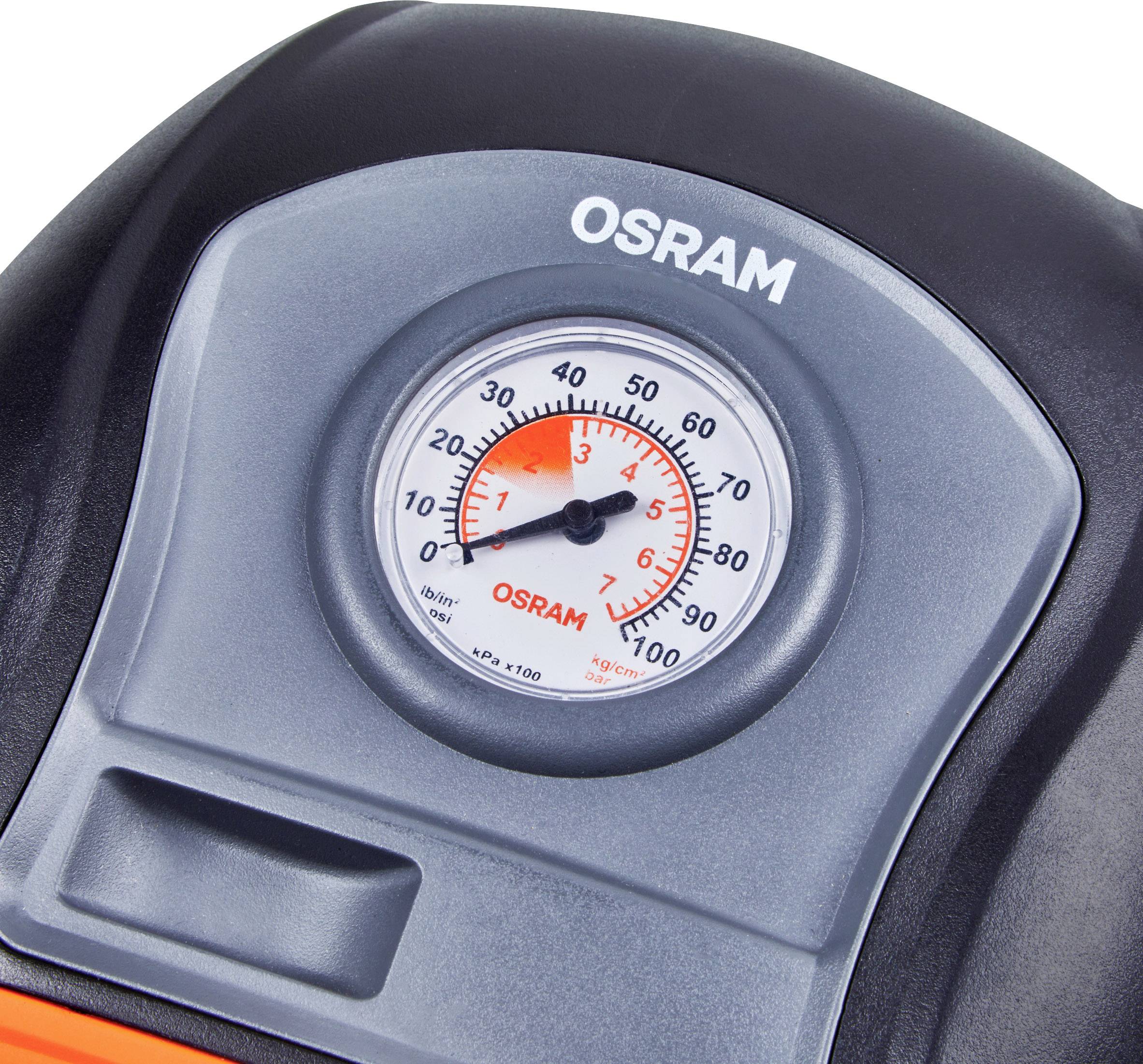 Tlakoměr vzduchové pumpy ukazuje lehce nad 10 psi. Zařízení má nápis 'OSRAM'.