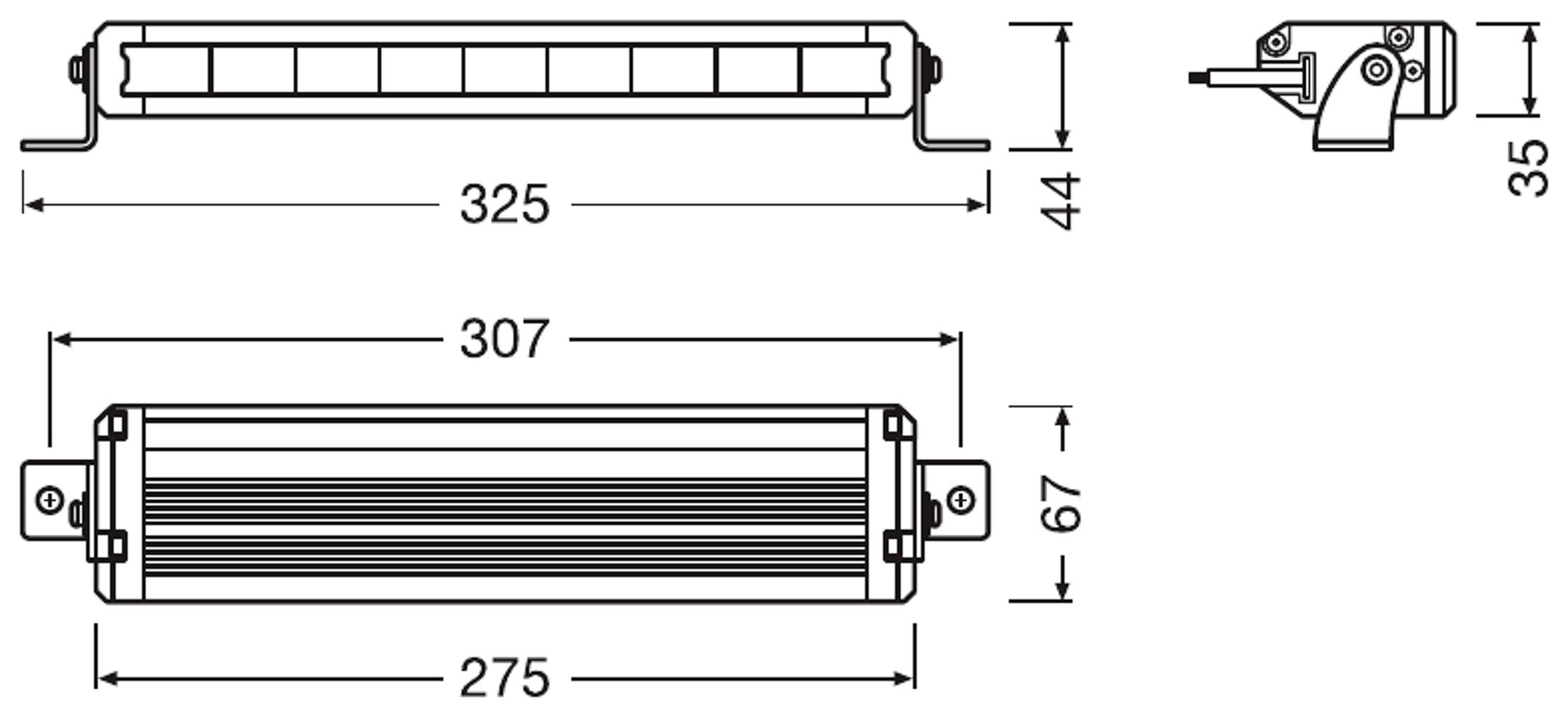 Technický výkres pravoúhlého LED svítidla s rozměry: délka 325 mm, výška 44 mm. Boční pohled ukazuje výšku 35 mm.