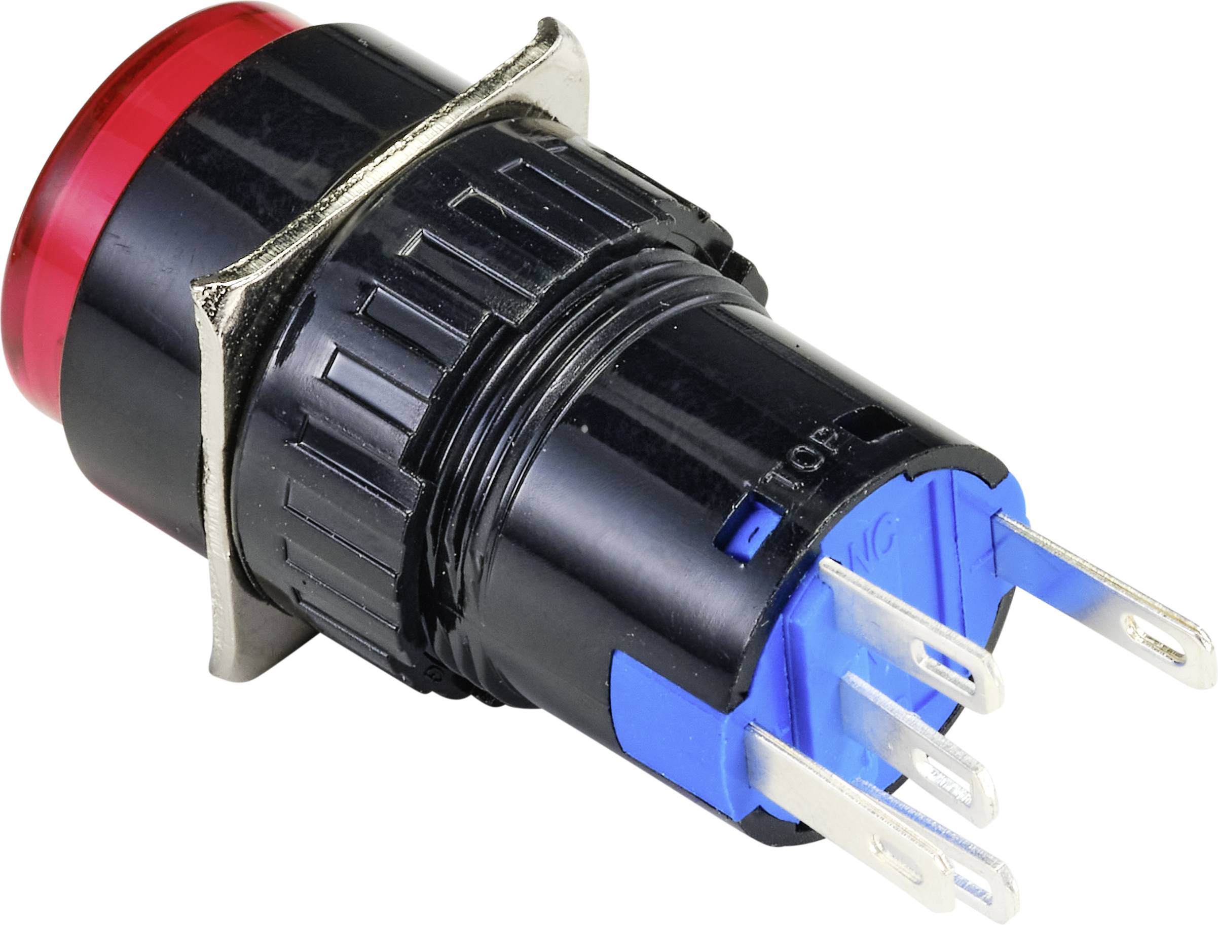 Červený, kulatý elektronický tlačítkový spínač s několika kovovými kolíky a černou základnou pro průmyslové aplikace.