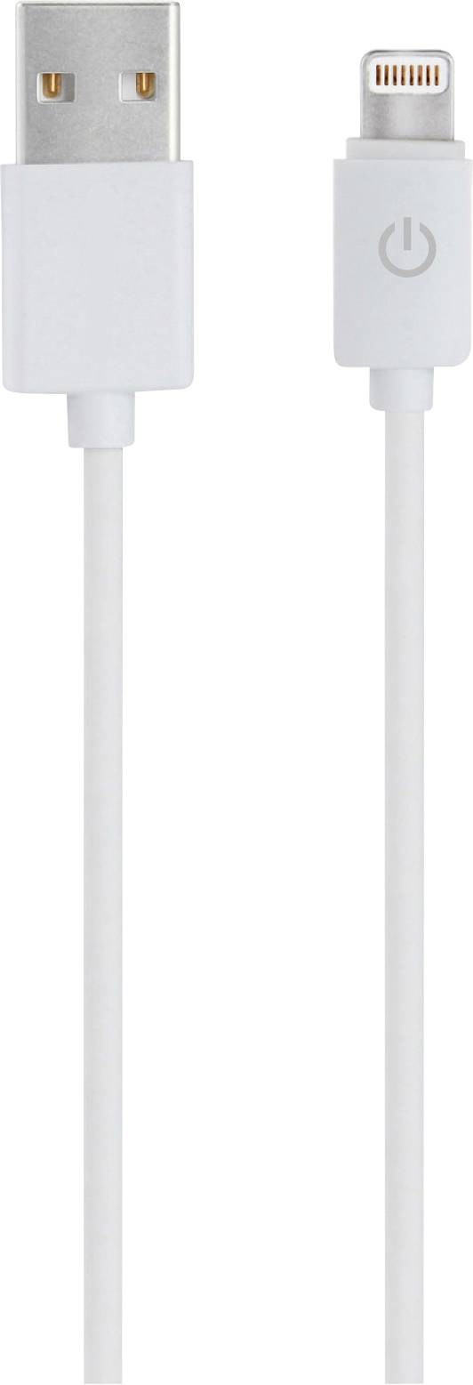 Bílý USB kabel, vlevo USB-A konektor, vpravo Lightning konektor, vzpřímeně umístěné vedle sebe.