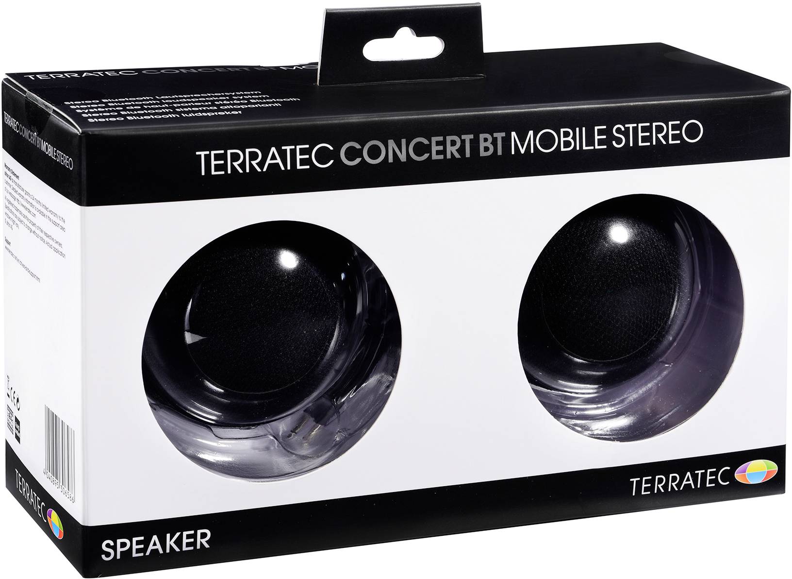 Dva přenosné reproduktory Terratec BT v černém balení, označené nápisem 'Terratec Concert BT Mobile Stereo'.