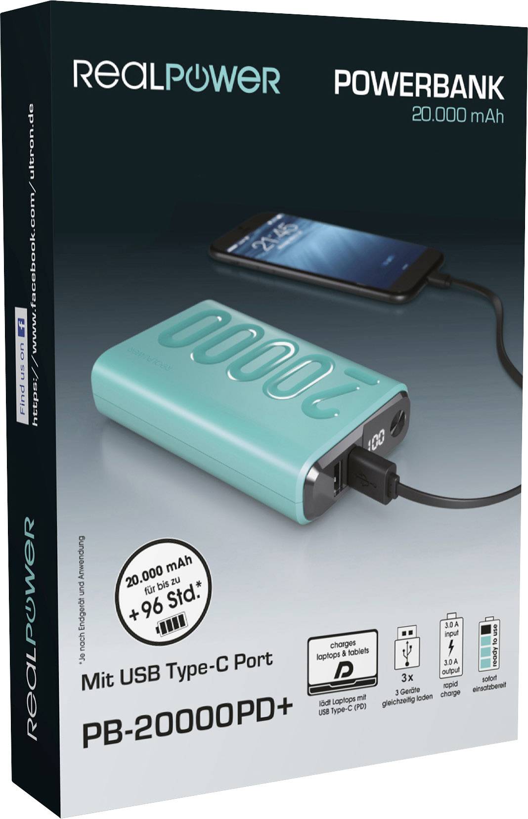 Obal powerbabanky s kapacitou 20 000 mAh v pastelově modré barvě, s portem USB Type-C. Nahoře leží nabíječka. Název značky a modelové číslo jsou viditelné.