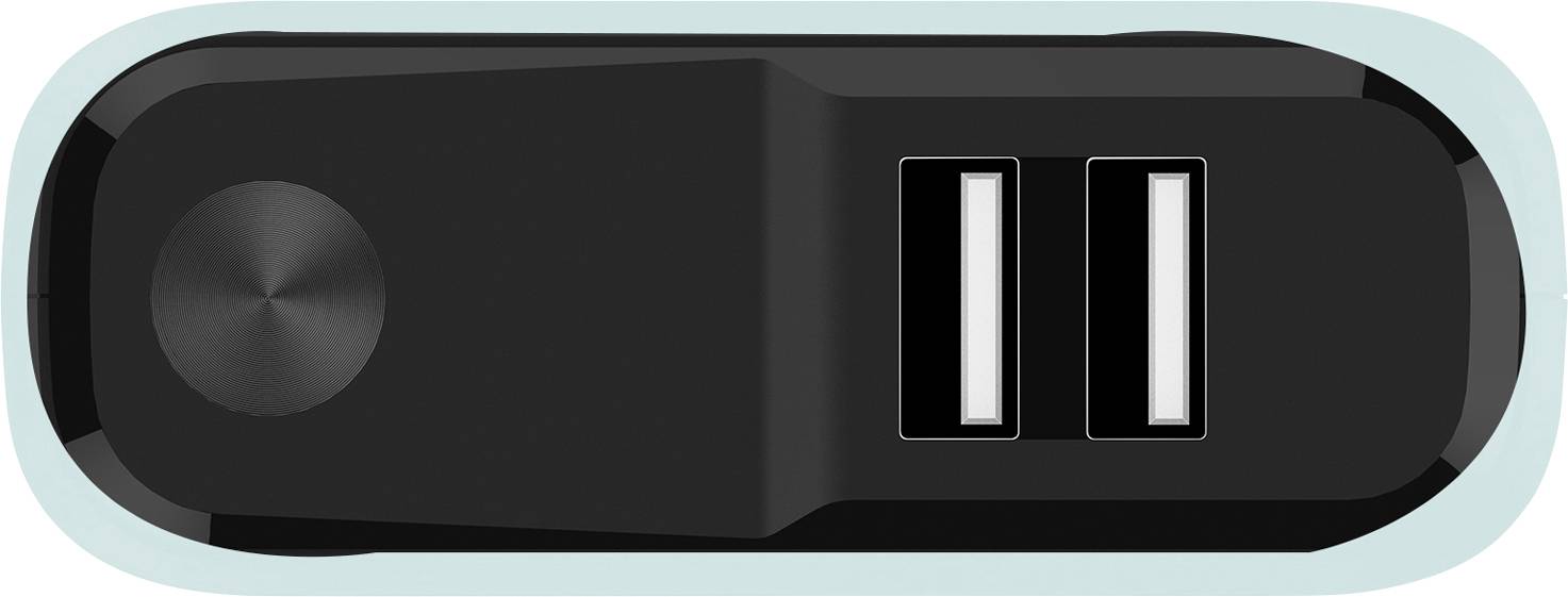 Černá USB nabíječka se dvěma porty na mátově zelené ploše. Ideální pro současné nabíjení několika zařízení.