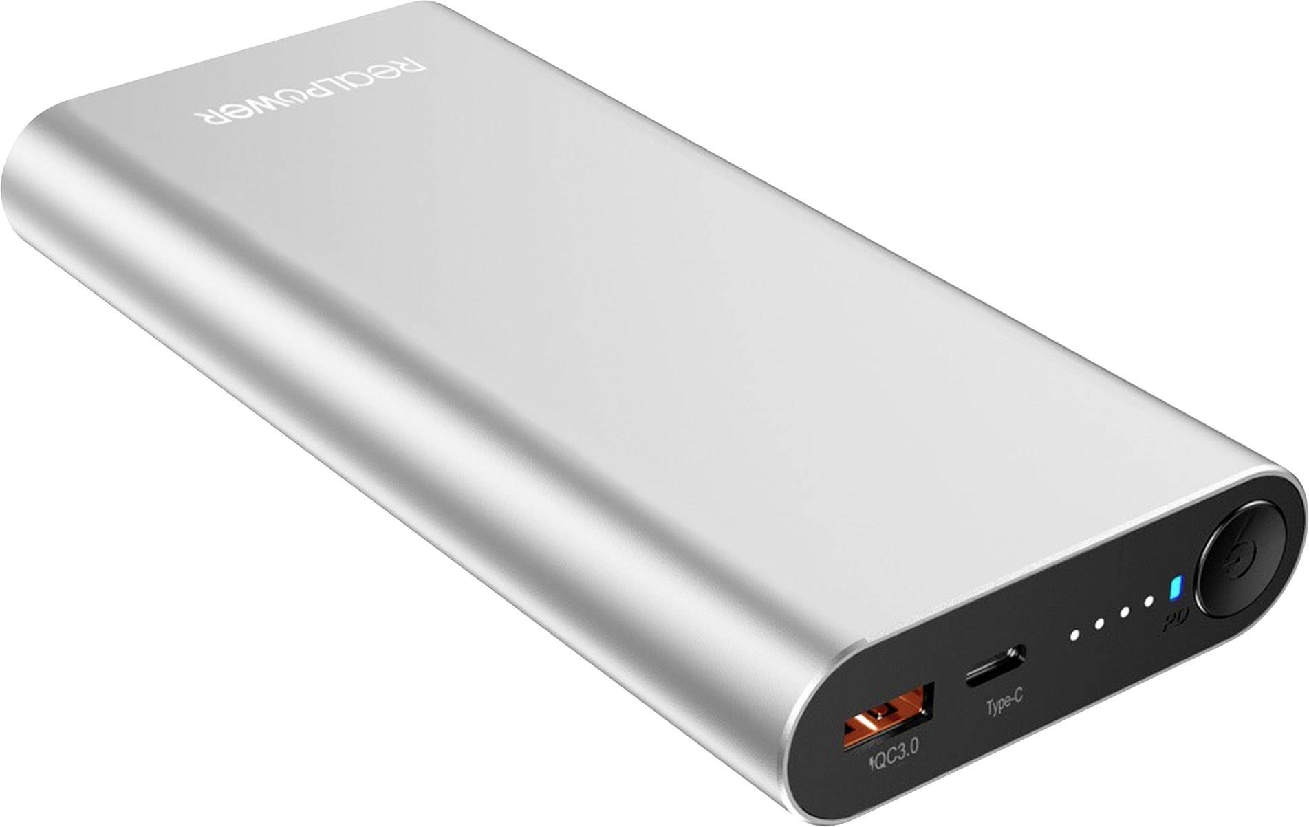 Stříbrná powerbanka s USB porty a LED kontrolkami zobrazujícími stav nabití. Součástí je klip pro snadný transport.