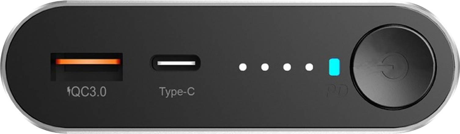 Černé, protáhlé zařízení s USB porty a jedním tlačítkem. LED diody signalizují stav nabití.