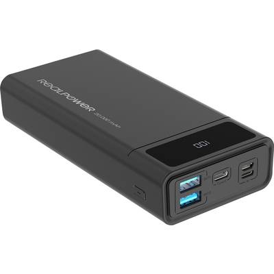 Černá powerbanka s USB porty a LED displejem, zobrazuje stav nabití, název značky 'reolPower' na horní straně.