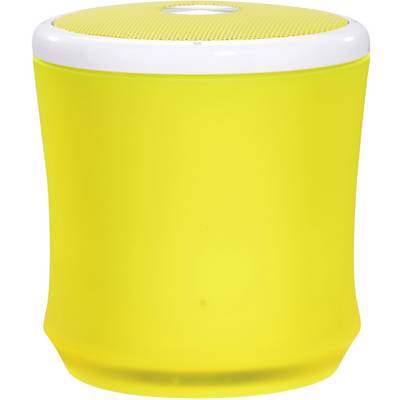 Žlutý, válcovitý reproduktor s bílým okrajem a horní mřížkou. Kompaktní design pro přenosné použití.
