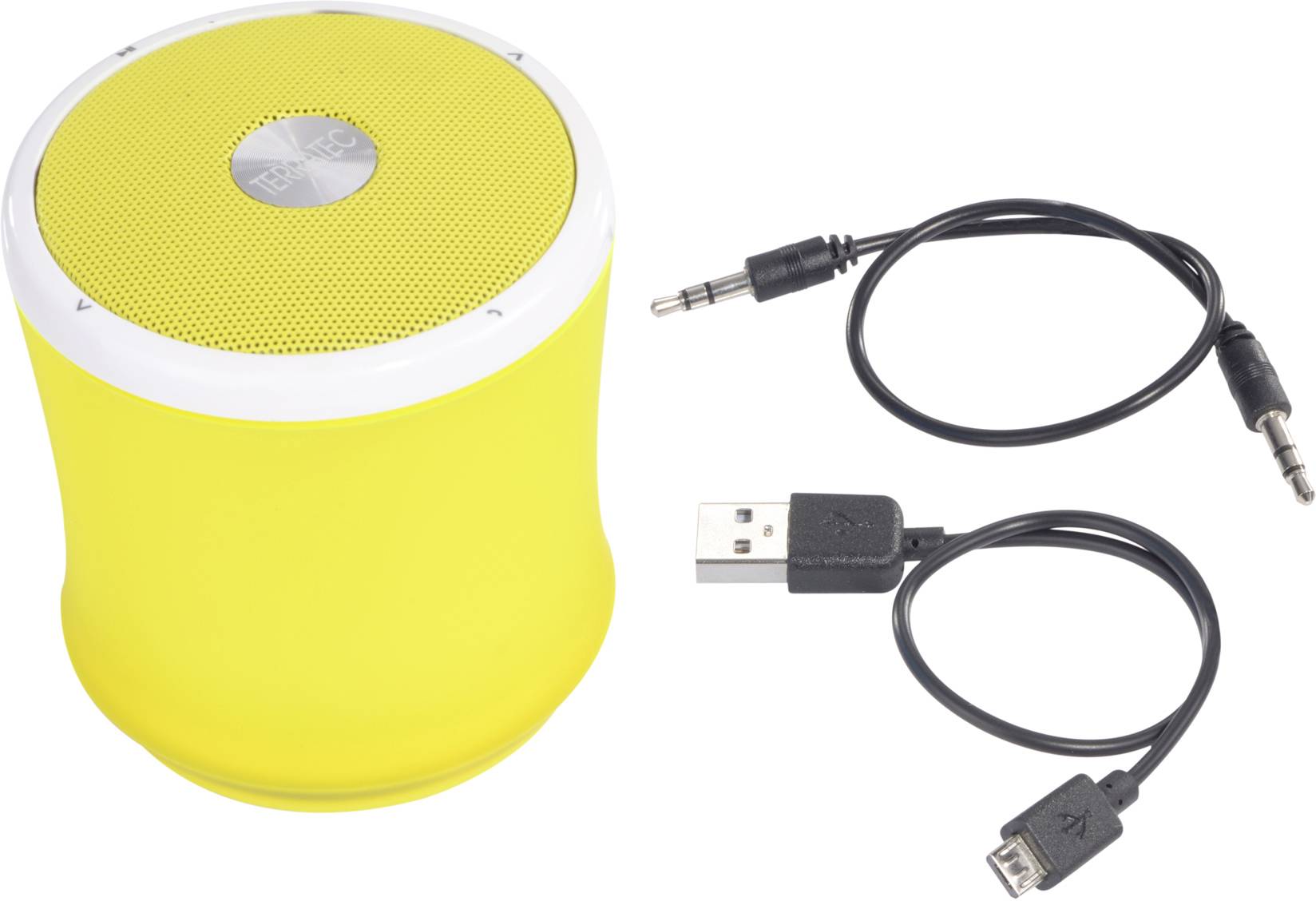 Žlutý Bluetooth reproduktor se dvěma kabely: Audio kabel (3,5 mm) a nabíjecí USB kabel (Micro-USB).